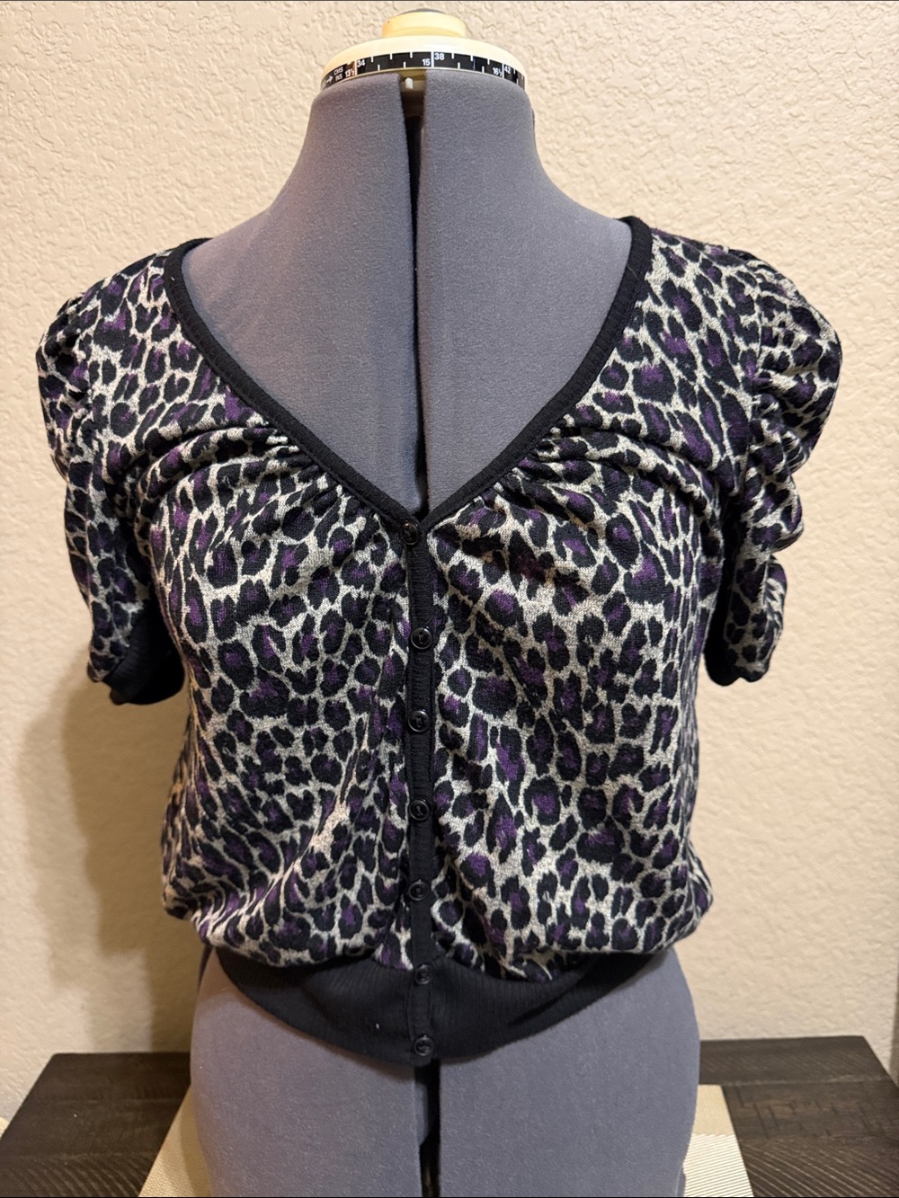 Have Black and Purple Leopard-Print V-Neck Button Top